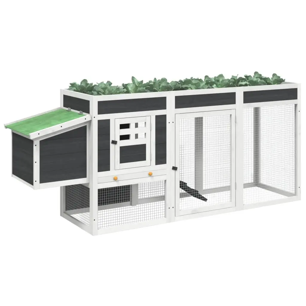 Wooden Chicken Coop Grey Solid Pine Small Animal Habitat with Nesting Box Ramp 204x50x84cm