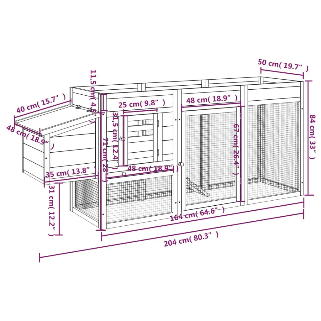 Wooden Chicken Coop Grey Solid Pine Small Animal Habitat with Nesting Box Ramp 204x50x84cm