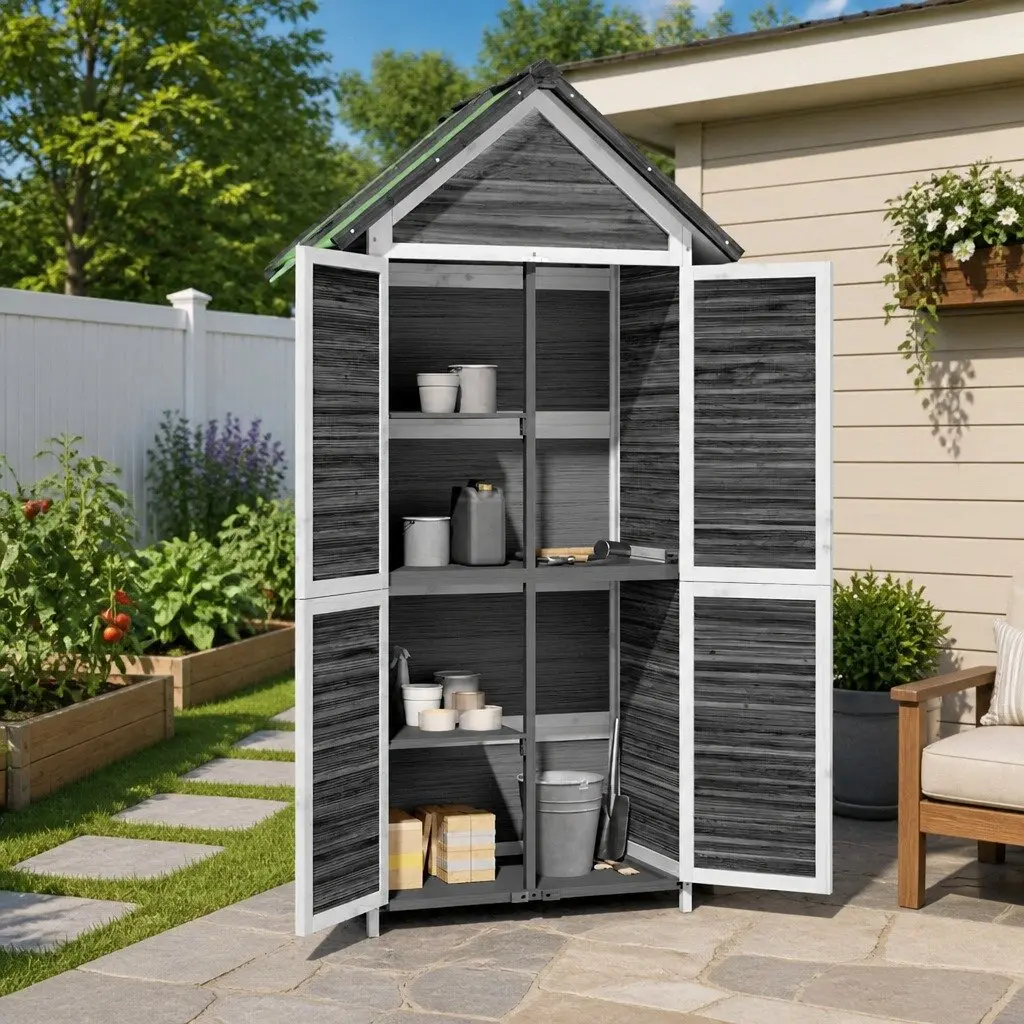 Garden Tool Shed Solid Pine Wood Grey Outdoor Storage Sloped Roof Rainproof 89 x 52.5 x 175 cm