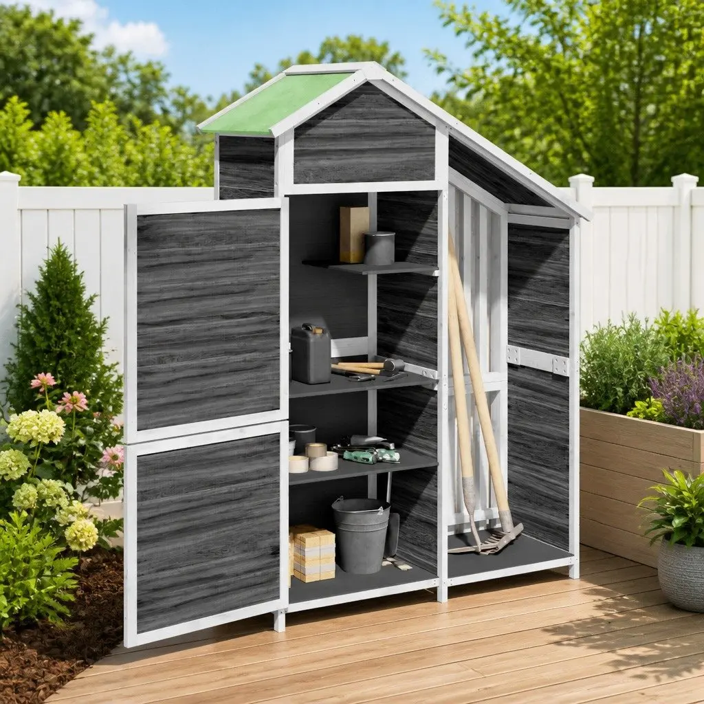 Garden Tool Shed Solid Pine Wood Grey 120x53.5x170cm Rainproof Outdoor Storage