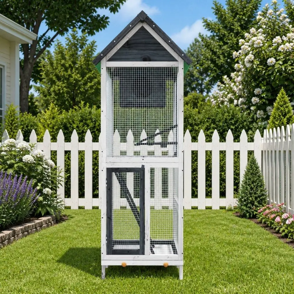 Bird House Aviary Grey Outdoor Garden Solid Wood Pine with Nesting Box Ladder