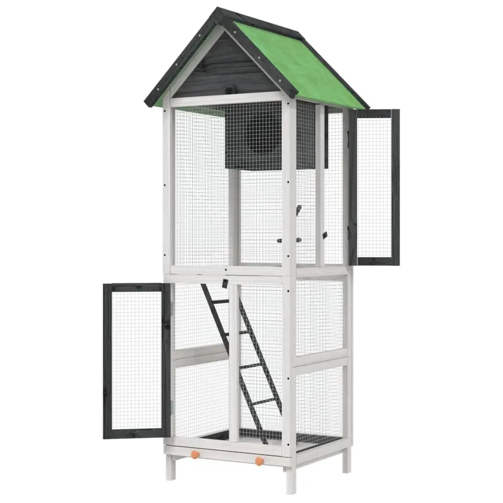 Bird House Aviary Solid Wood Pine Grey Outdoor Garden with Nesting Box and Ladder