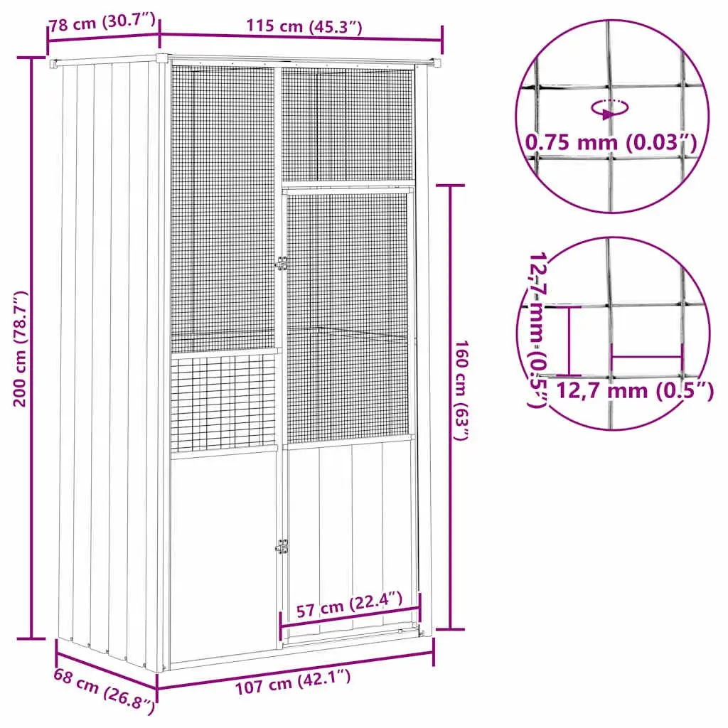Large Bird Cage Grey Galvanised Steel Walk In Flight Enclosure 115x78x200cm