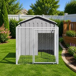 Dog House with Run Outdoor Kennel Pet Cage Galvanised Steel Grey 117x201x123cm