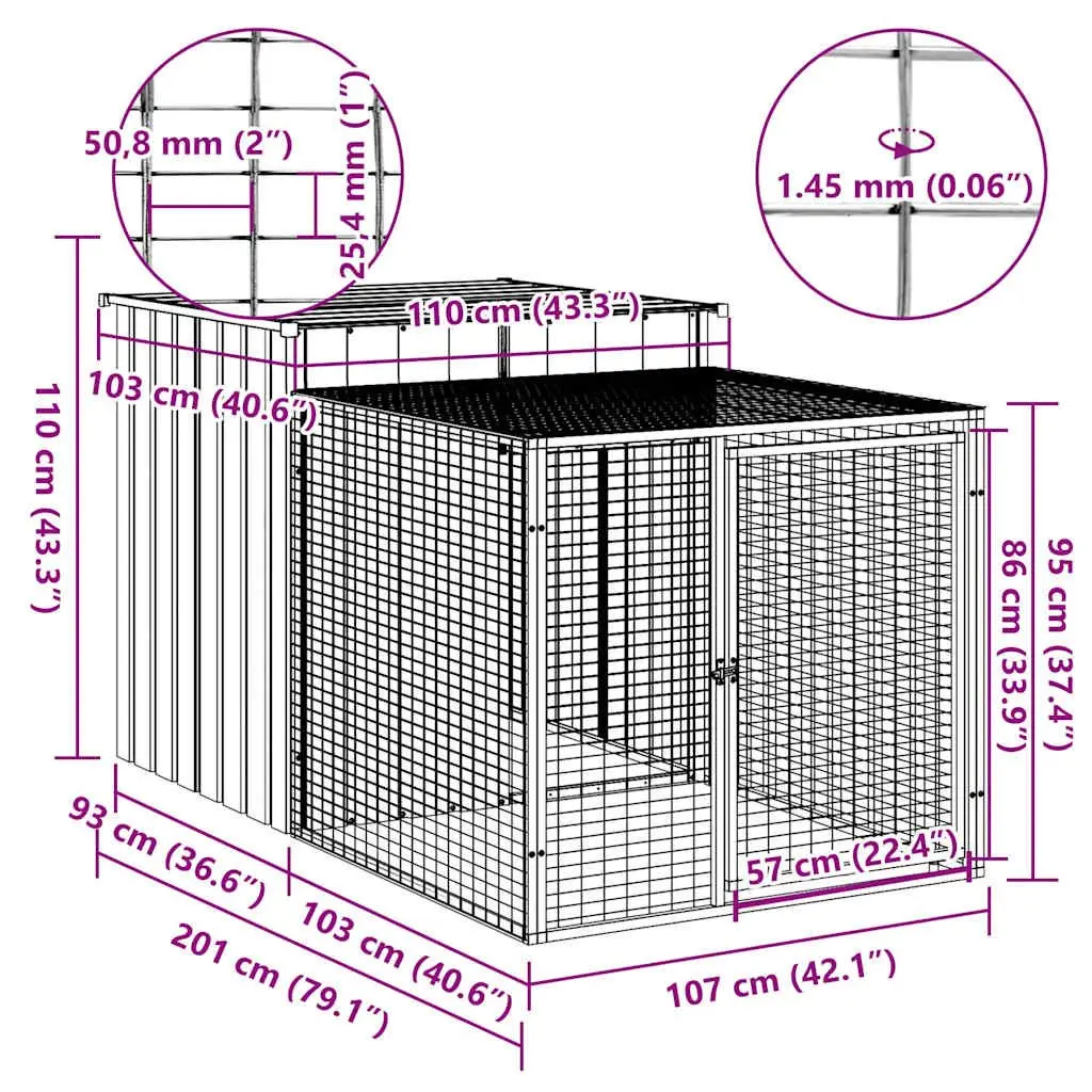 Chicken Cage Anthracite Galvanised Steel Small Animal Run 110cm x 201cm x 110cm