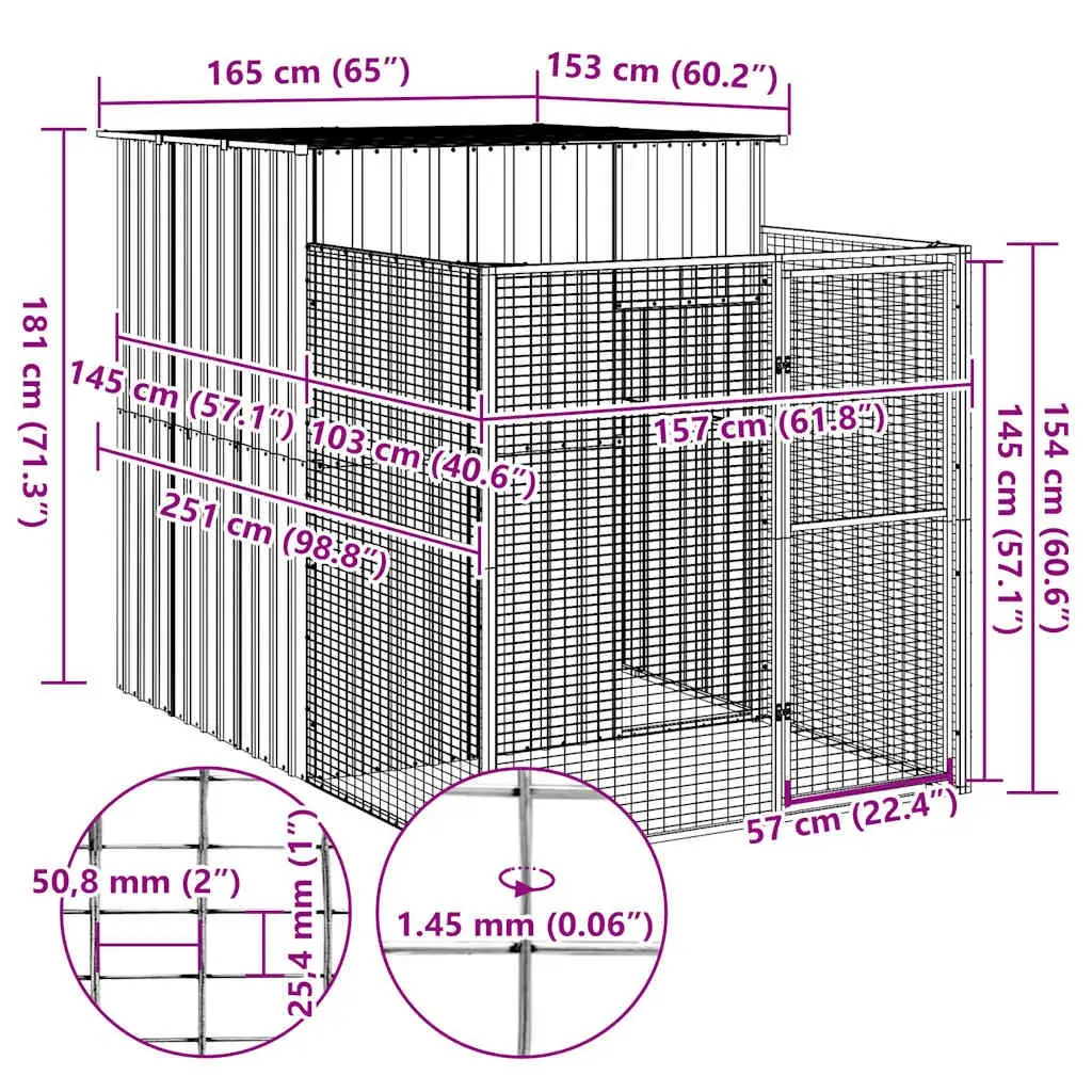 Dog House with Run Light Grey 165x251x181cm Galvanised Steel Pet Kennel Cage