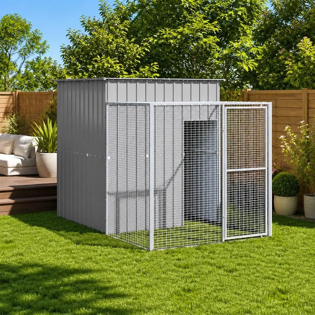 Light Grey Chicken Coop with Run Galvanised Steel 165 x 251 x 181 cm