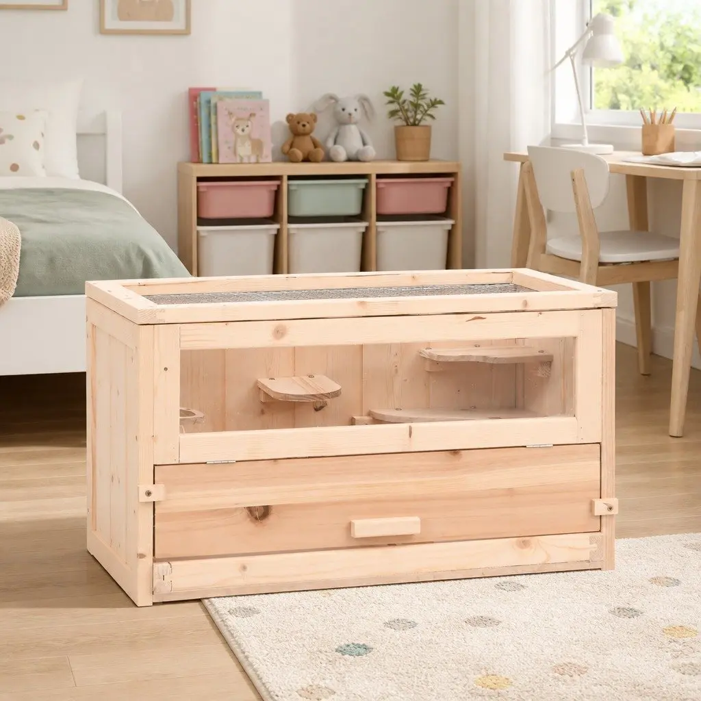 Hamster Cage Solid Fir Wood 60x30x35 cm Brown Small Animal House with Accessories