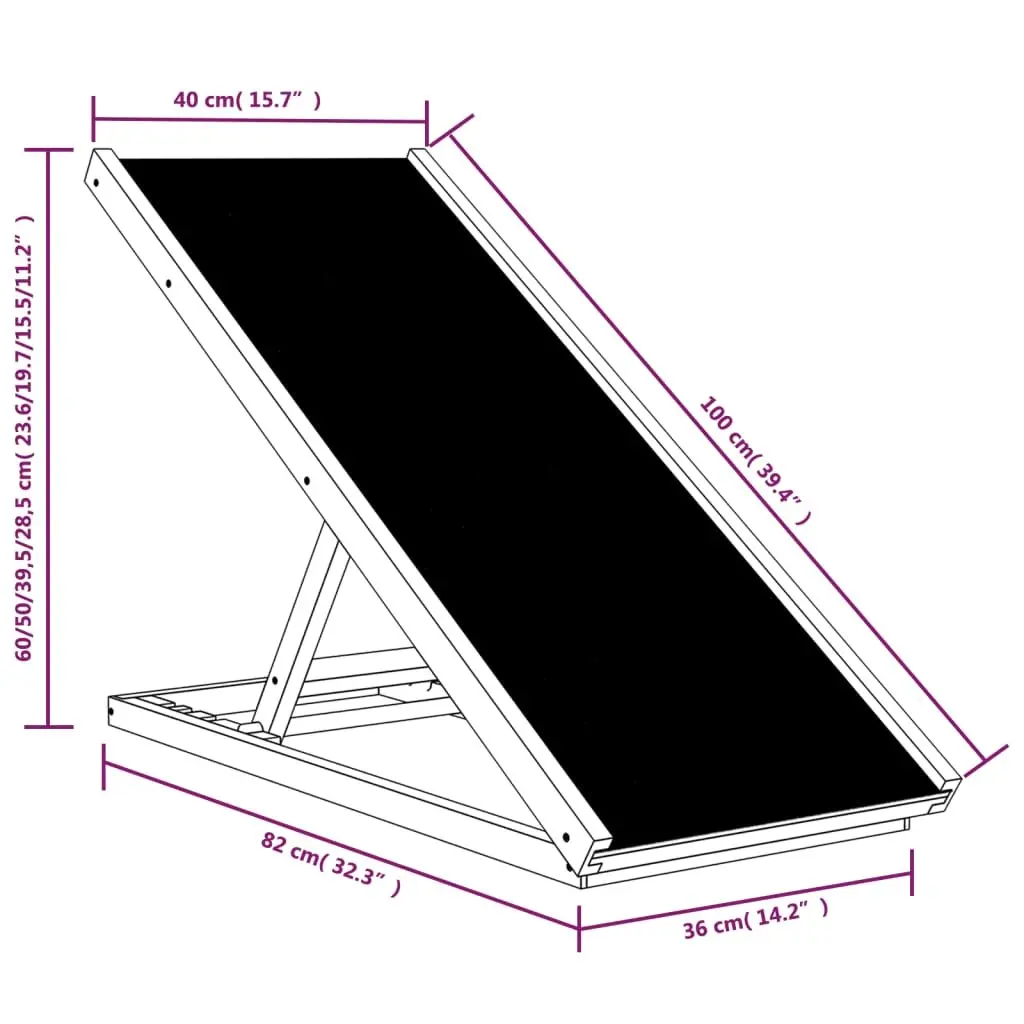 Dog Ramp Foldable Adjustable Height 100x40cm Grey Solid Fir Wood Frame Anti-Slip Polyester Fabric Surface