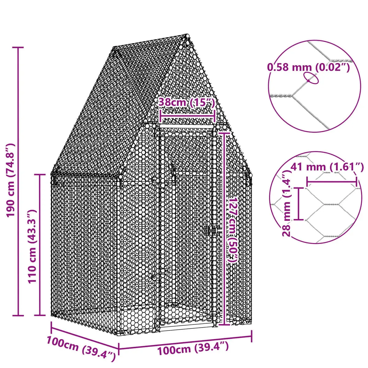 Chicken Cage Galvanised Steel 100x100x190 cm Silver Walk In Hen Run Poultry Pen