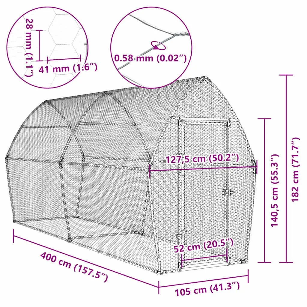Chicken Cage Galvanised Steel 400x105x182 cm Silver Outdoor Enclosure Hen Run