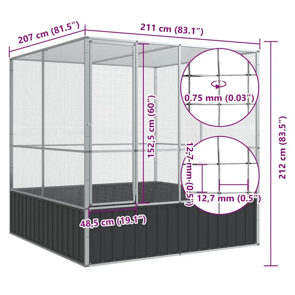 Large Galvanised Steel Bird Aviary Cage Silver 211x207x212cm Indoor Outdoor Mesh