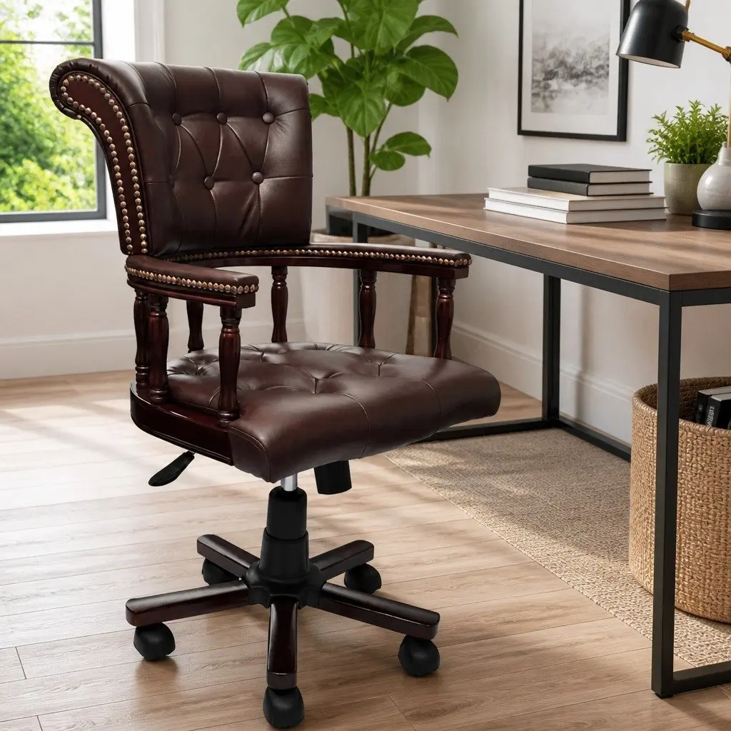 Swivel Office Chair Brown Leather Mix Adjustable Height Solid Wood Frame
