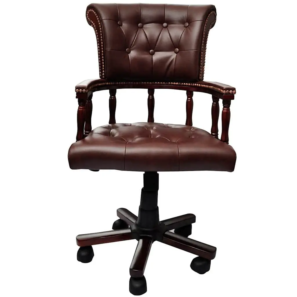 Swivel Office Chair Brown Leather Mix Adjustable Height Solid Wood Frame