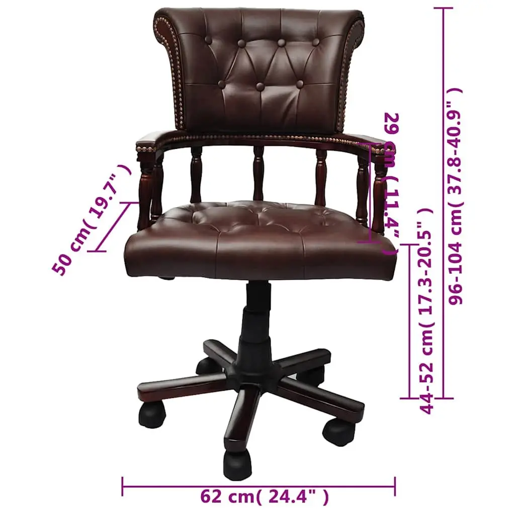 Swivel Office Chair Brown Leather Mix Adjustable Height Solid Wood Frame