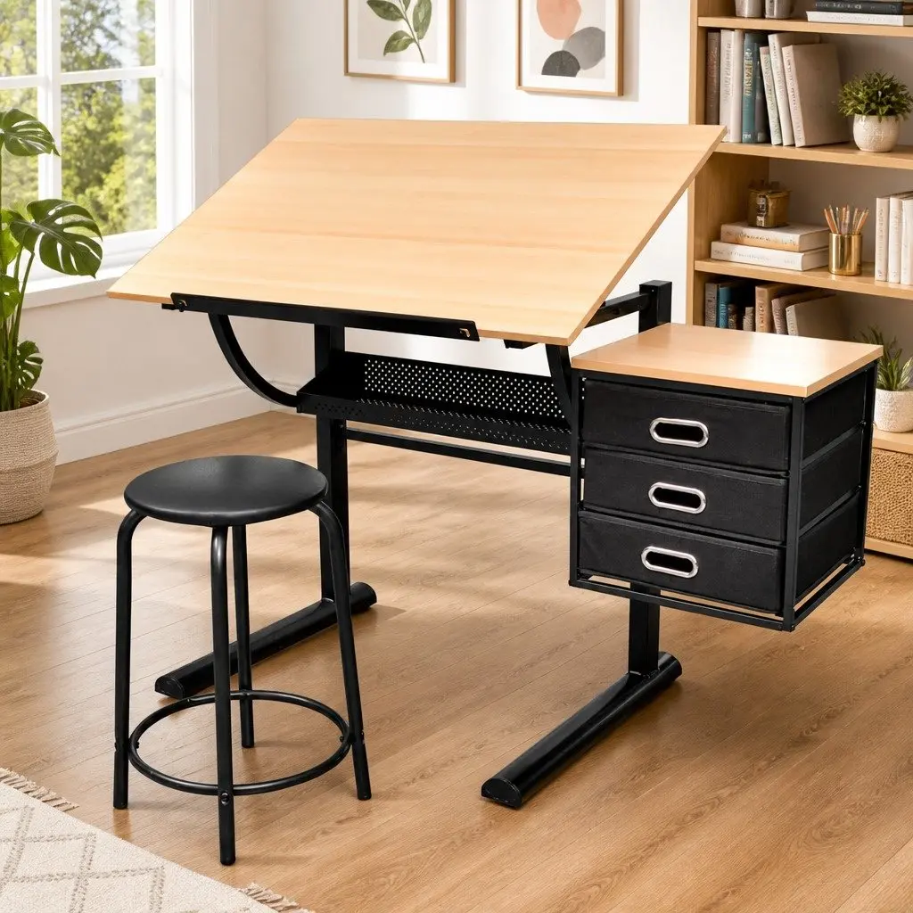 Tiltable Drawing Table Brown with Three Drawers Storage and Stool