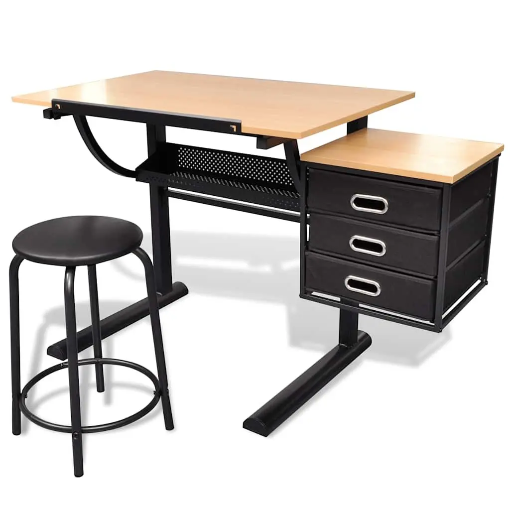 Tiltable Drawing Table Brown with Three Drawers Storage and Stool
