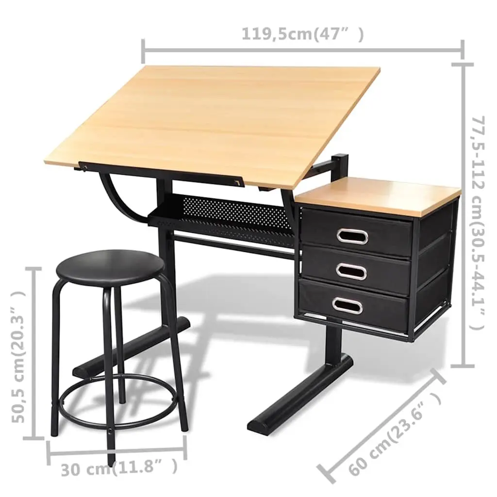 Tiltable Drawing Table Brown with Three Drawers Storage and Stool