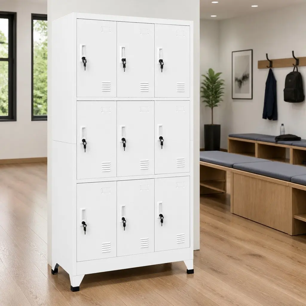 Locker Cabinet 9 Compartments Storage Steel Industrial Grey 90x45x180cm