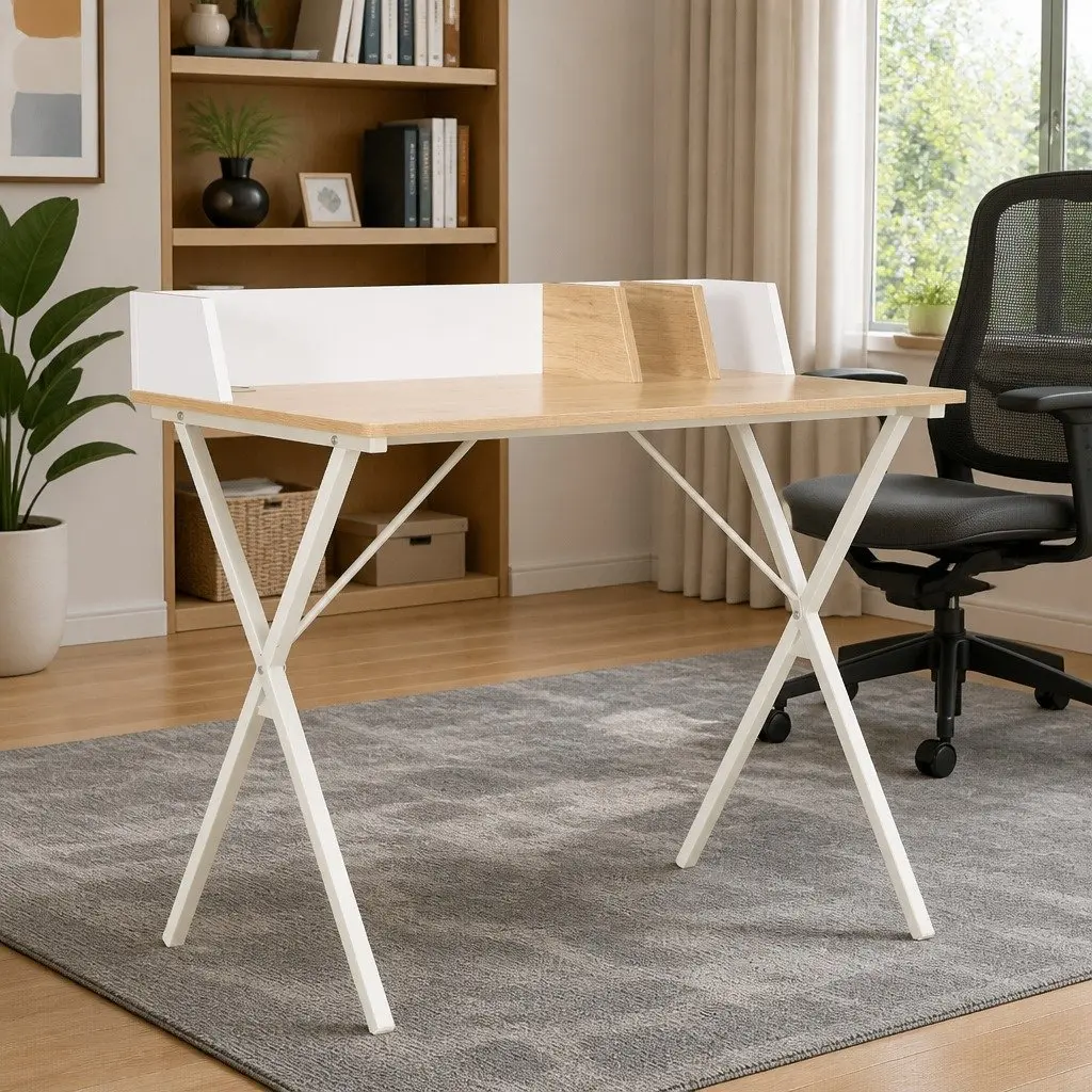 Office Desk Compact Workstation White Natural Wood with Elevated Back and Side Board