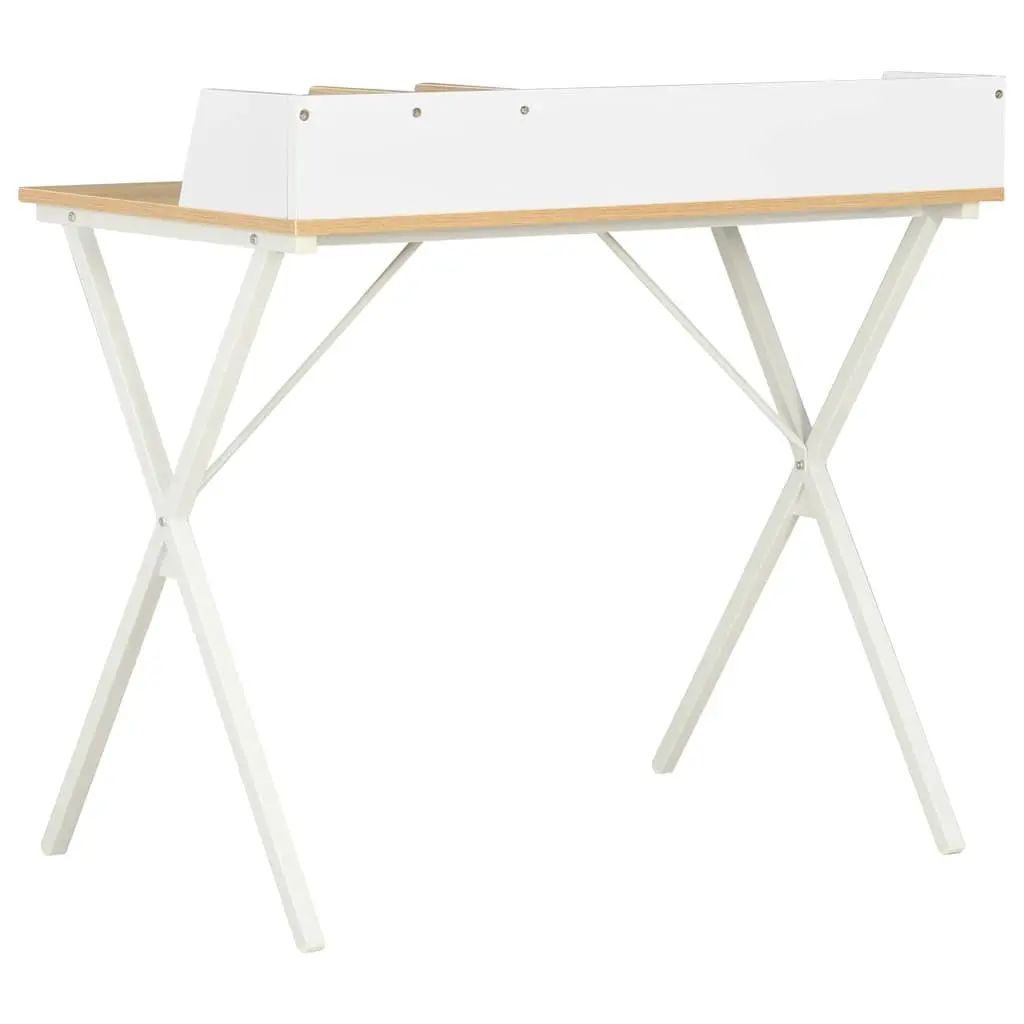Office Desk Compact Workstation White Natural Wood with Elevated Back and Side Board