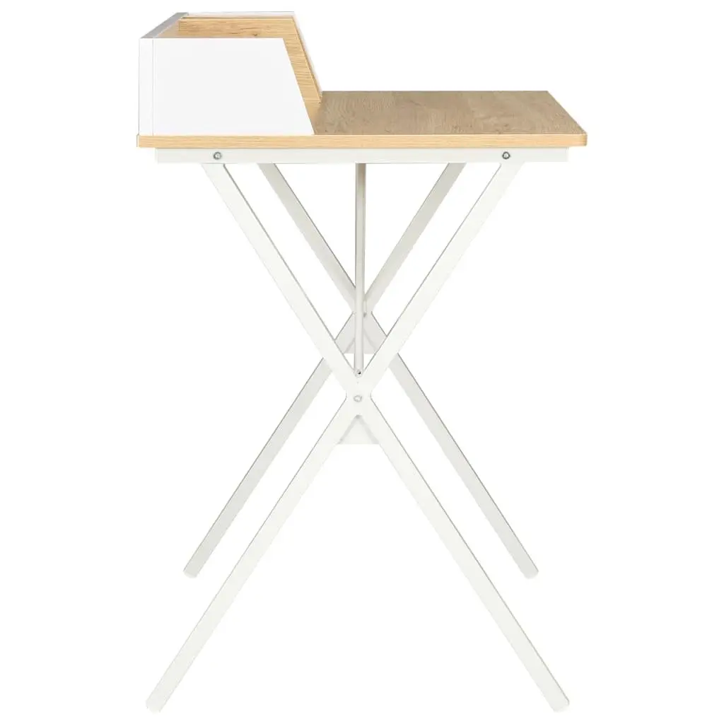 Office Desk Compact Workstation White Natural Wood with Elevated Back and Side Board