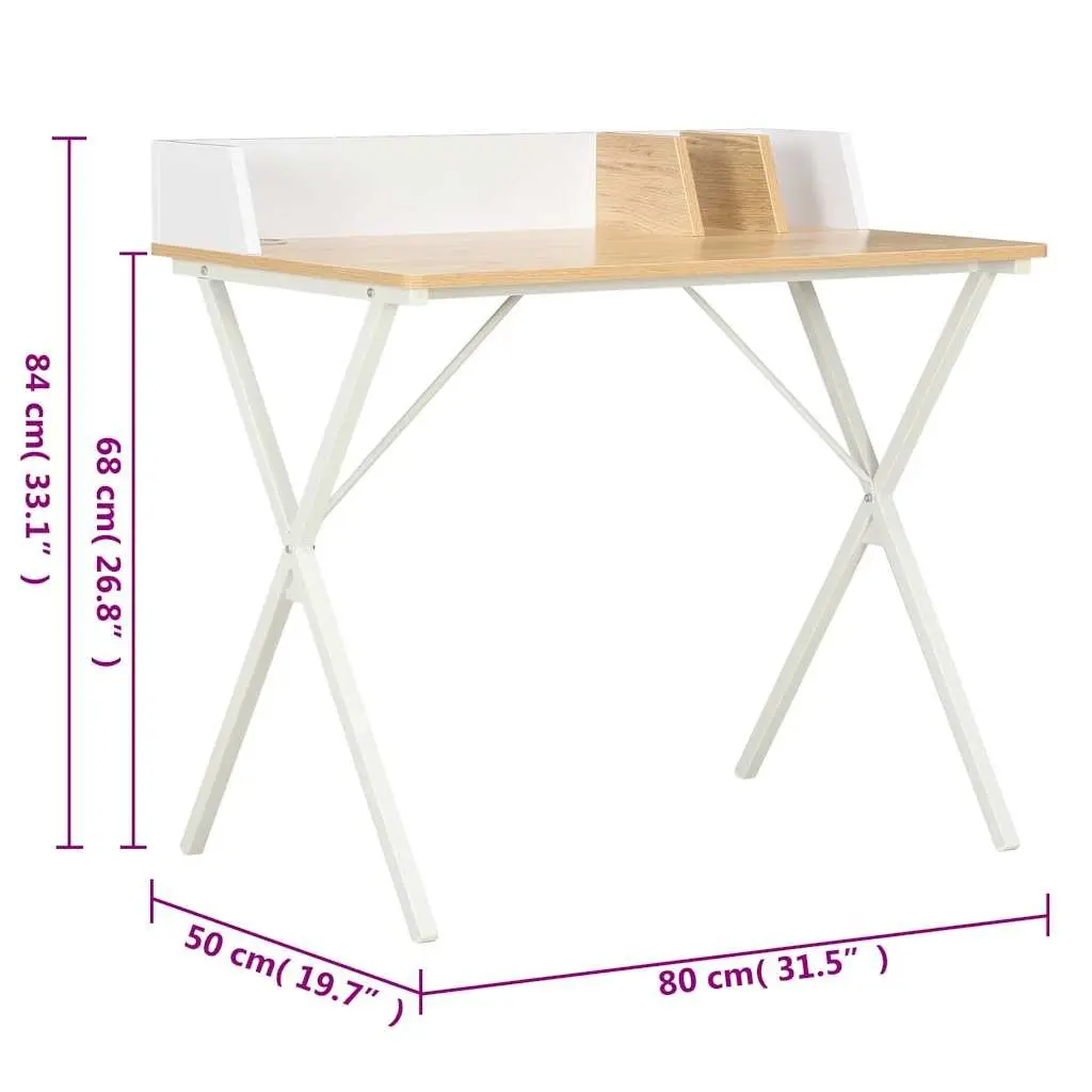 Office Desk Compact Workstation White Natural Wood with Elevated Back and Side Board
