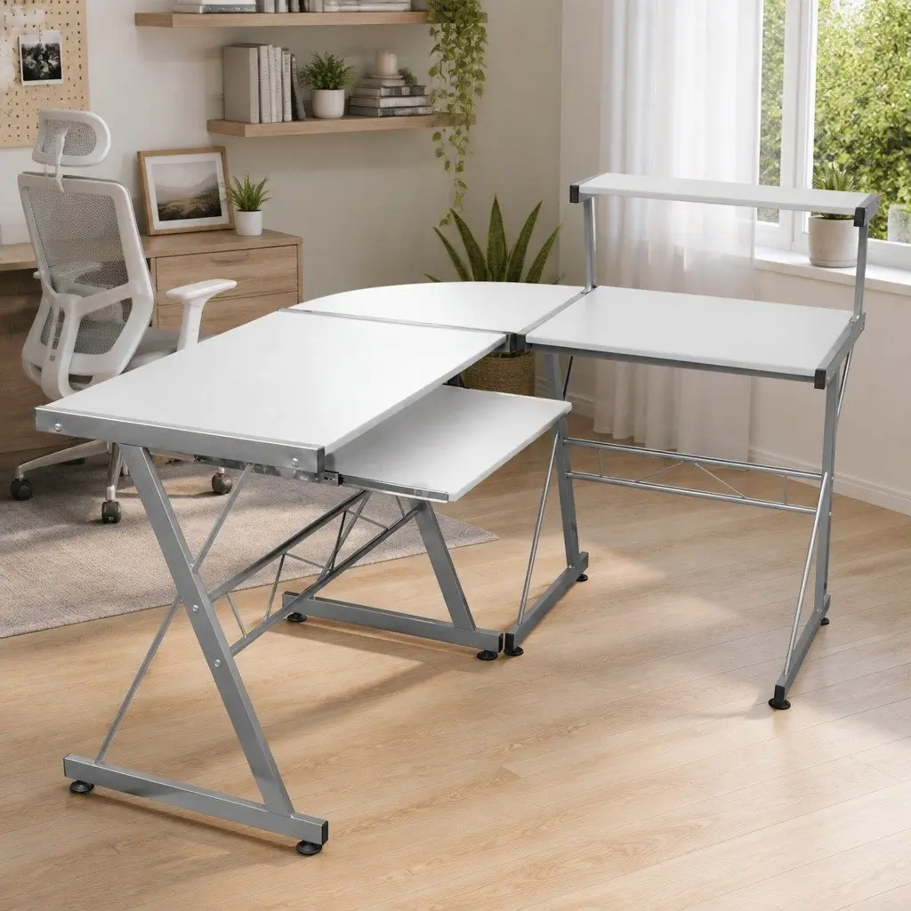 L Shaped Corner Desk Engineered Wood White Study Workstation with Sliding Keyboard Tray and Top Shelf
