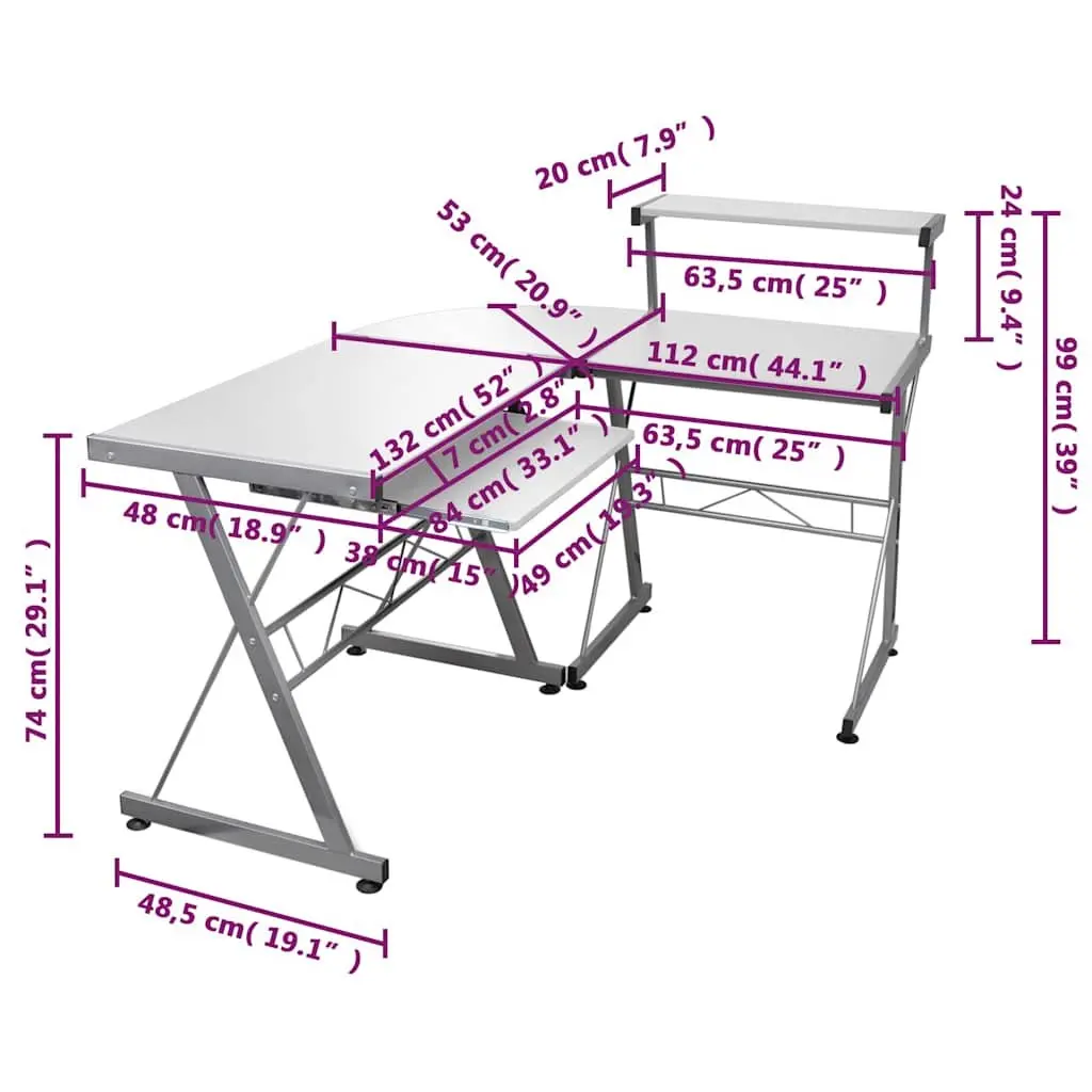 L Shaped Corner Desk Engineered Wood White Study Workstation with Sliding Keyboard Tray and Top Shelf