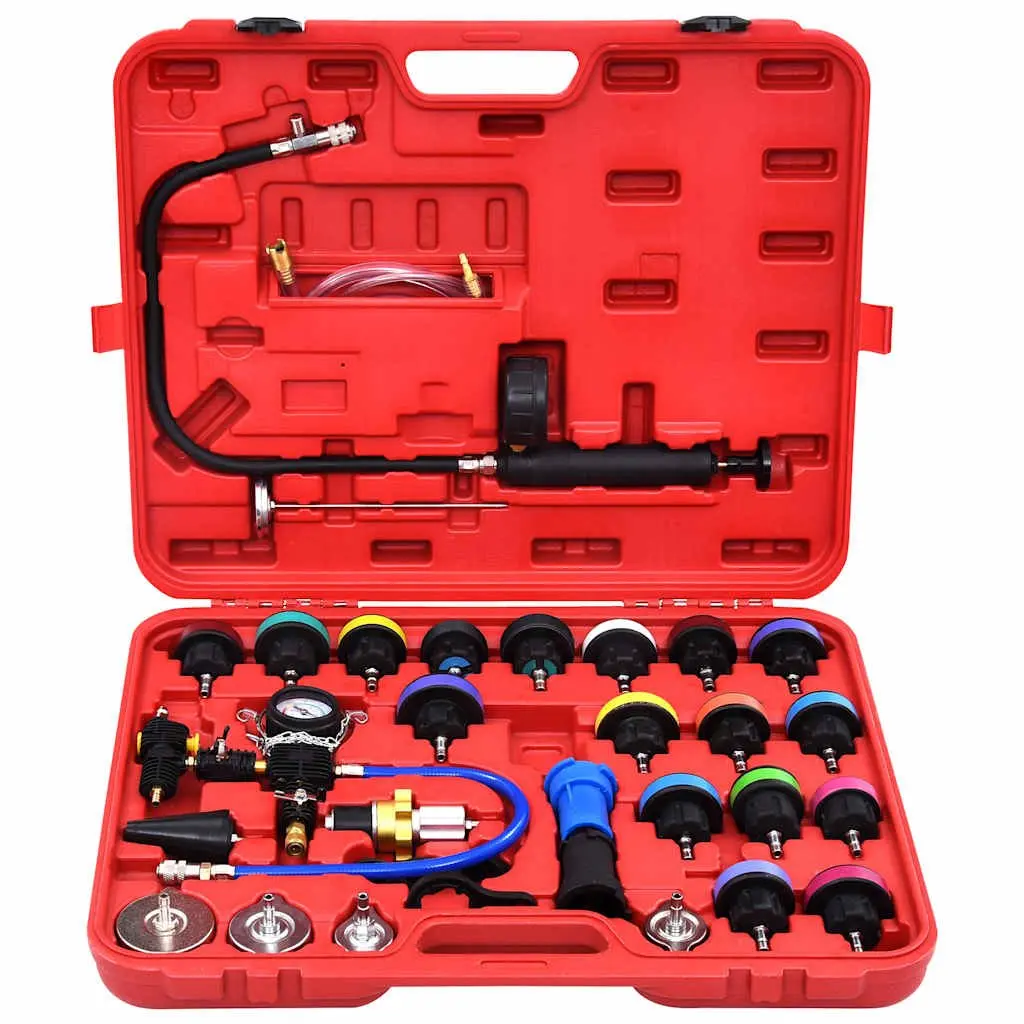 28 Piece Radiator Cap Adapter Cooling System Pressure Tester Hand Tool Set Silver
