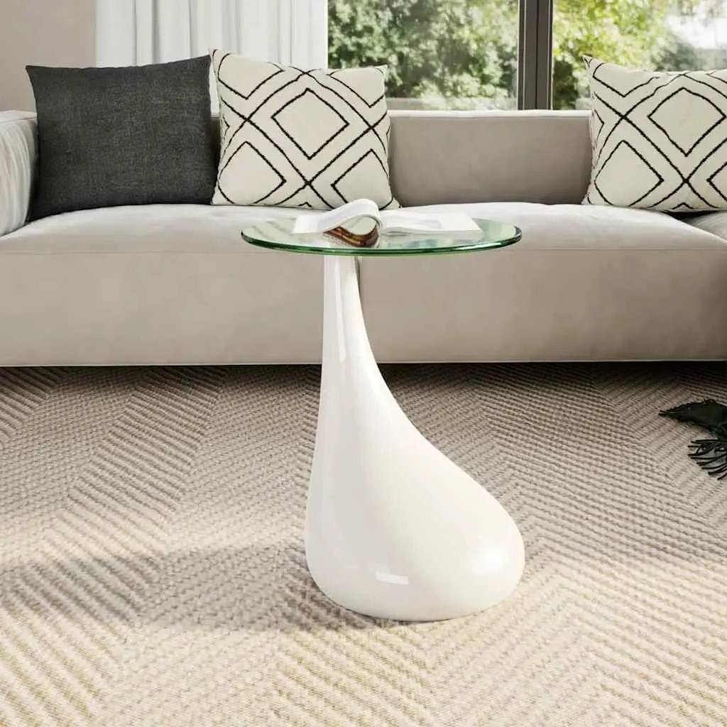 Coffee Table Round Tempered Glass Top White High Gloss Water Drop Base