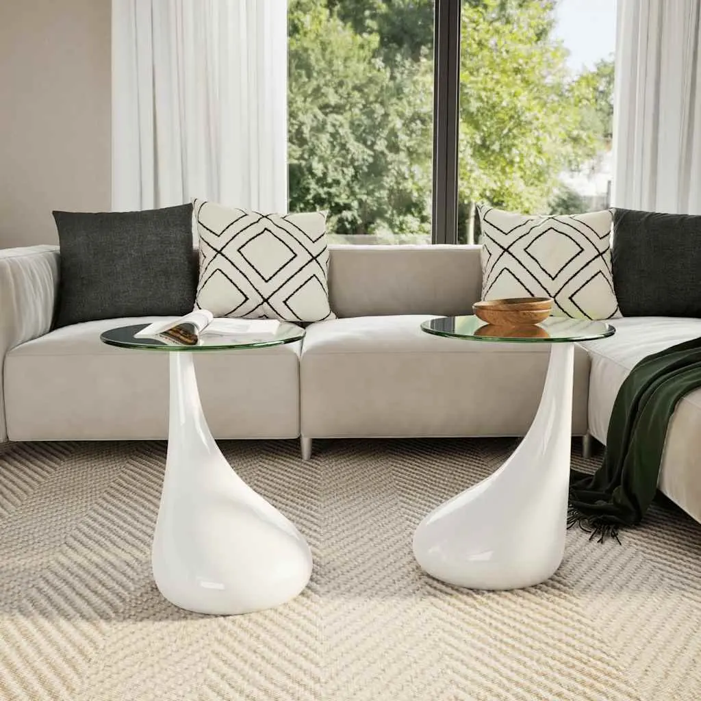 Coffee Table Set Round Tempered Glass Top High Gloss White Water-Drop Base