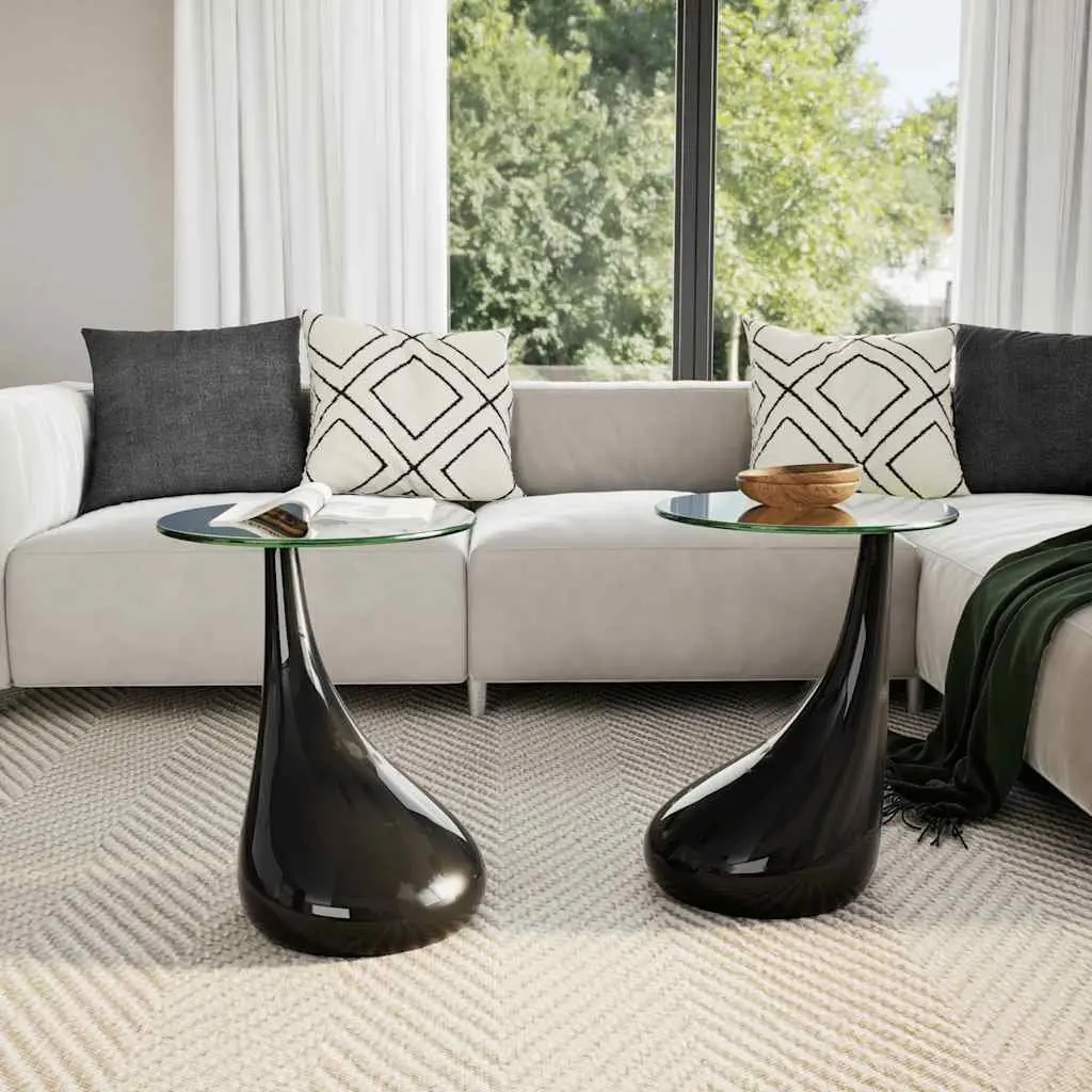 Round Coffee Table Set High Gloss Black Tempered Glass Top 2 Pieces Water Drop Base