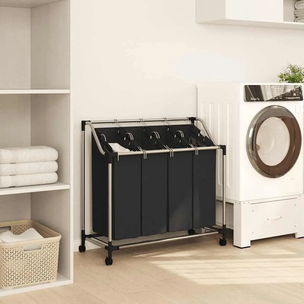 Laundry Sorter Steel Frame 4 Bags Trolley Cart Black Grey
