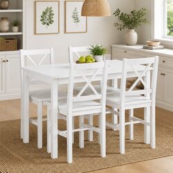 Dining Table Set 5 Piece White Solid Wood Kitchen Furniture with 4 Chairs