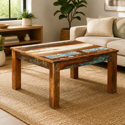 Coffee Table Square Reclaimed Wood Brown Antique Style Living Room Accent