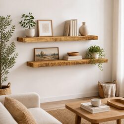 Practical Brown Solid Wood Shelves: Set of 2 for Home Use