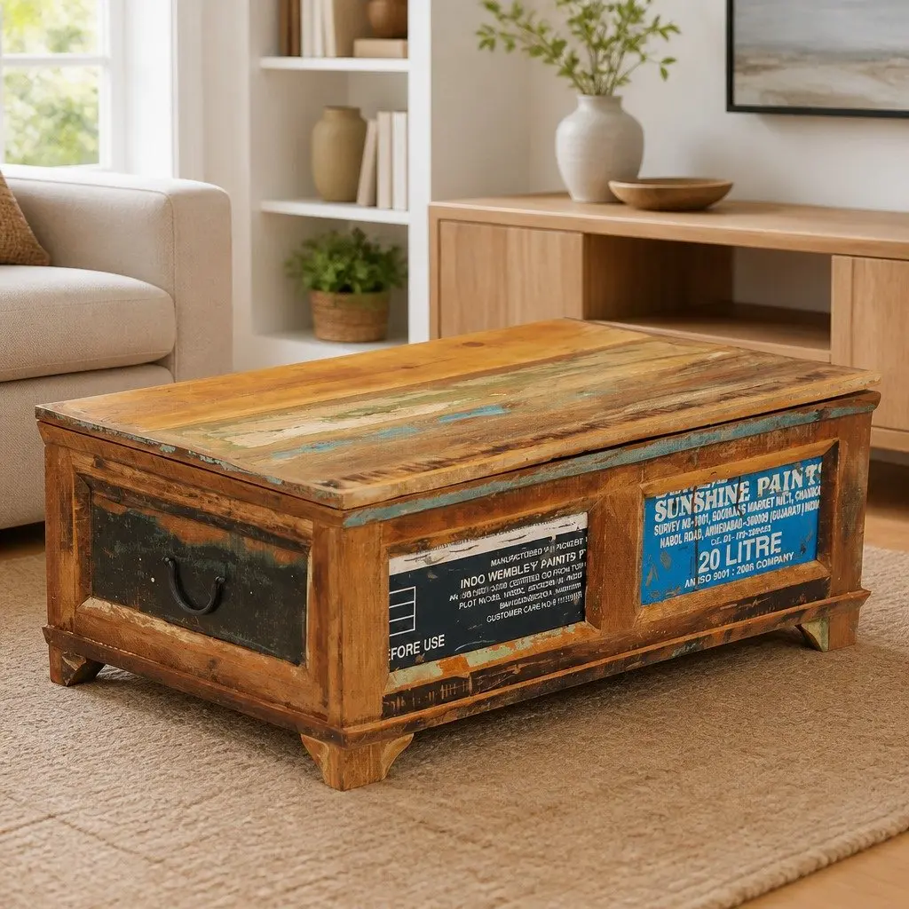 Coffee Table with Storage Compartment Vintage Reclaimed Wood Brown Living Room
