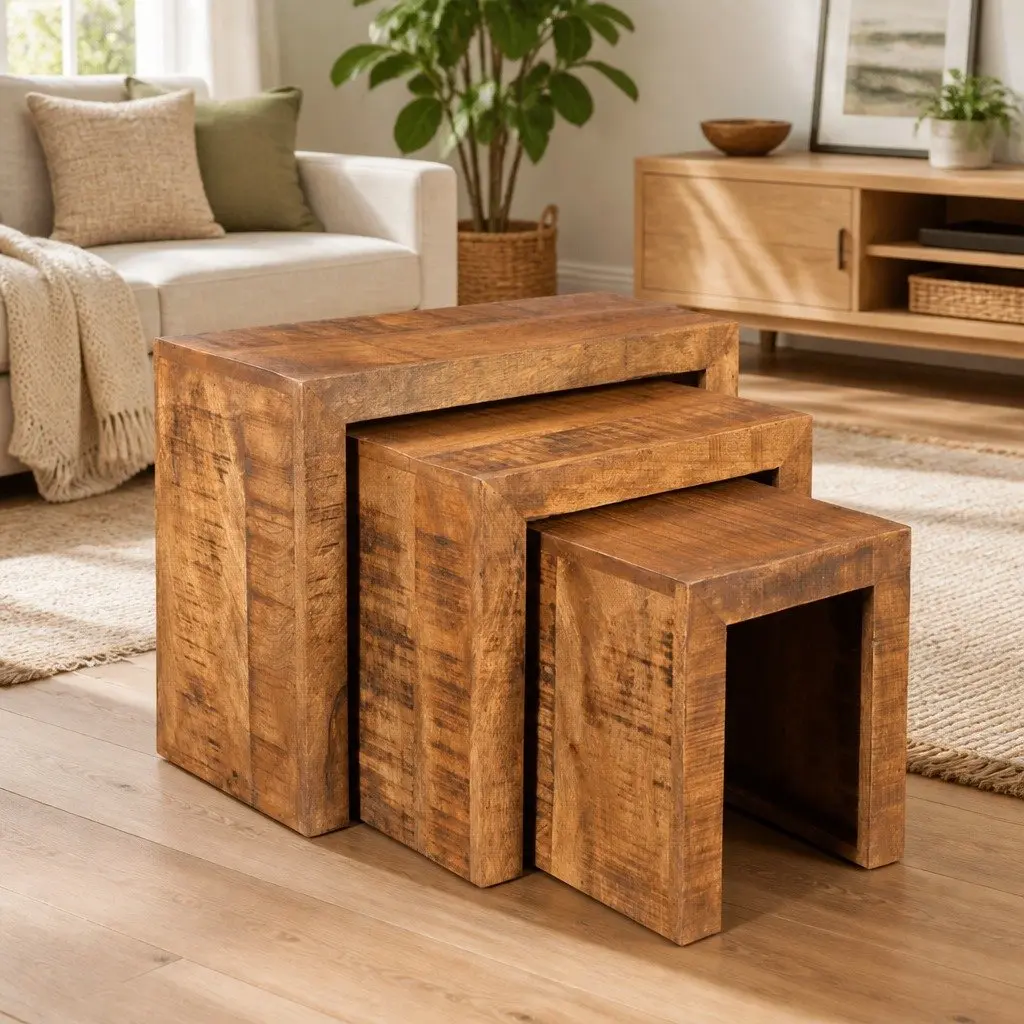 Nesting Table Set Solid Mango Wood 3 Pieces Brown Stackable Side End Coffee Tables