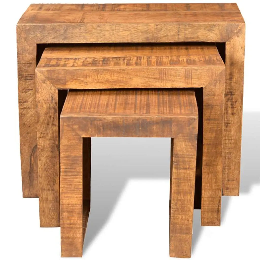 Nesting Table Set Solid Mango Wood 3 Pieces Brown Stackable Side End Coffee Tables