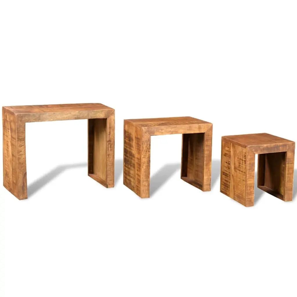 Nesting Table Set Solid Mango Wood 3 Pieces Brown Stackable Side End Coffee Tables