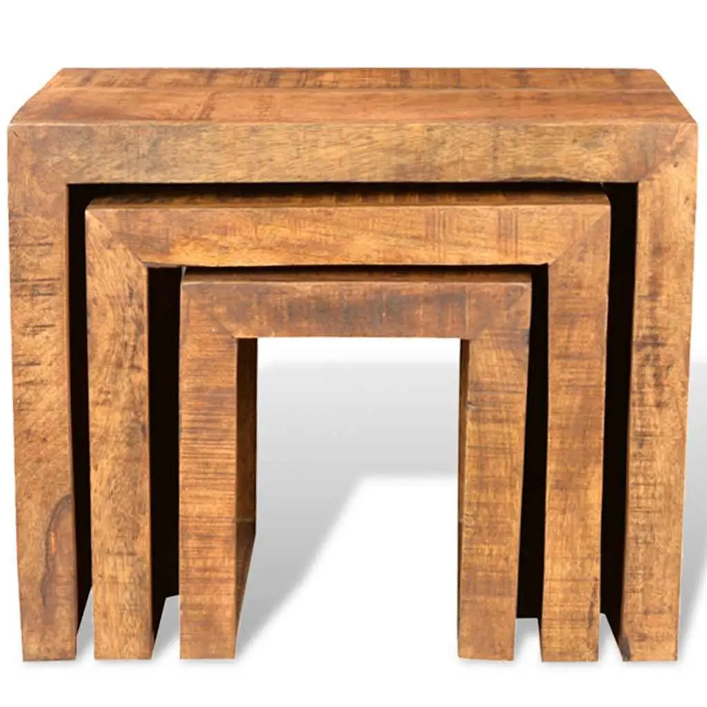 Nesting Table Set Solid Mango Wood 3 Pieces Brown Stackable Side End Coffee Tables