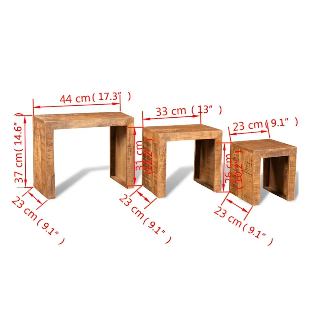 Nesting Table Set Solid Mango Wood 3 Pieces Brown Stackable Side End Coffee Tables
