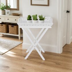 Side Table with Removable Tray White Accent End Table Foldable Legs Storage