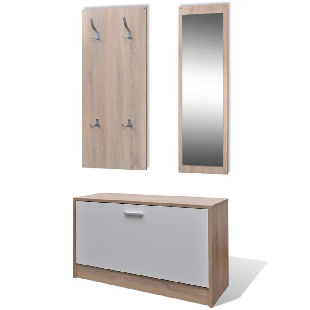 Wooden Shoe Cabinet 3-in-1 Set with Mirror and Coat Rack Hallway Storage