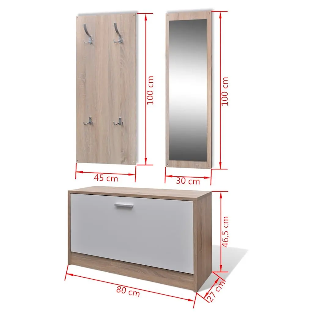 Wooden Shoe Cabinet 3-in-1 Set with Mirror and Coat Rack Hallway Storage