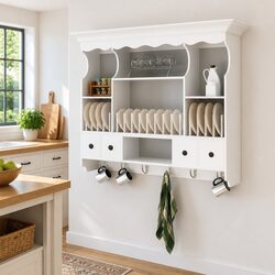 Wooden Kitchen Wall Cabinet Storage with Drawers Shelves Hooks White Antique