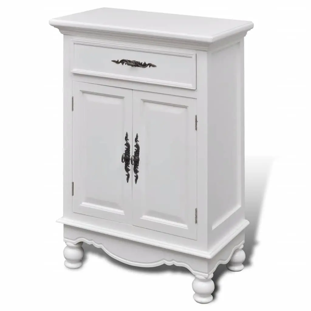 Wooden Floor Cabinet MDF and Pine Wood 2 Doors 1 Drawer White