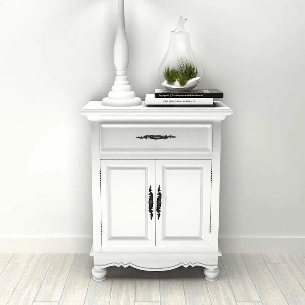 Wooden Floor Cabinet MDF and Pine Wood 2 Doors 1 Drawer White