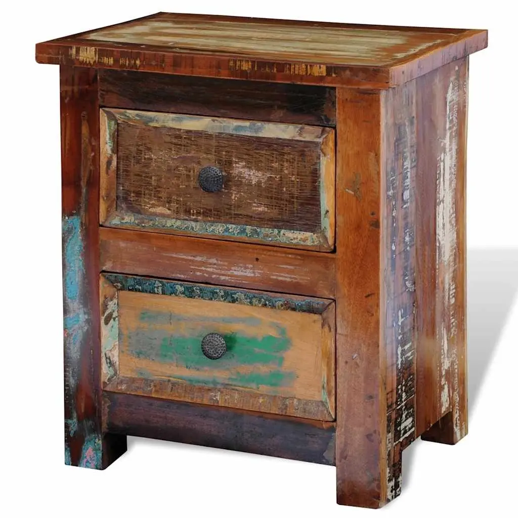 Bedside Table Reclaimed Wood 2 Drawers Antique Style Brown
